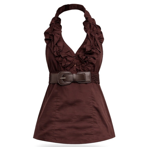 Heart Soul Tops - Women's Y2K Large Brown Belted Halter Top Ruffle Soft Grunge Alt Girl Heart Soul